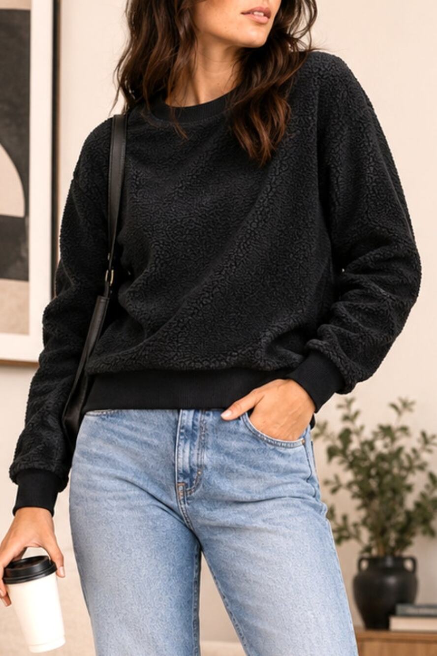 Everlane Black Sweatshirt Sweater XS Pullover Fleece Sherpa Long Sleeve CrewNeck